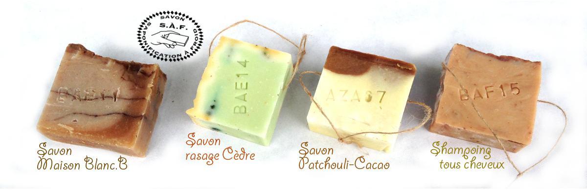 Savon Maison Blanc B, Savon rasage Cèdre, Savon Patchouli Cacao, Shampoing tous cheveux