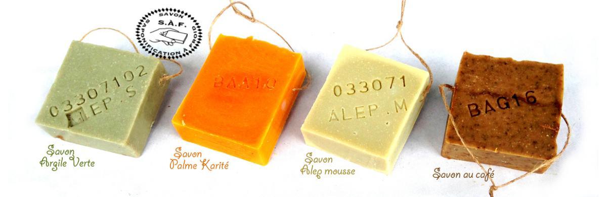 Savon Argile verte, Savon Palme Karité, Savon ALEP mousse, Savon au Café